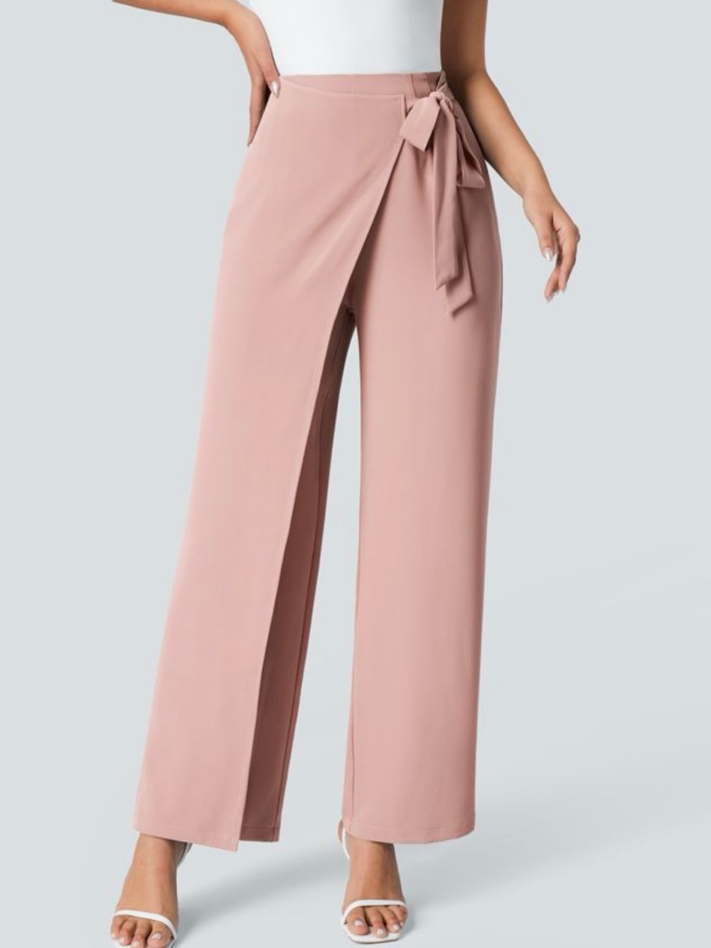 HALARA Blush Pink Wrap-Front Side Tie Wide Leg Pants-XS #career #feminine